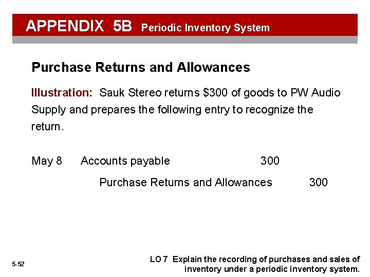 APPENDIX 5 B Periodic Inventory System Purchase Returns and Allowances Illustration: Sauk Stereo returns APPENDIX 5 B Periodic Inventory System Purchase Returns and Allowances Illustration: Sauk Stereo returns