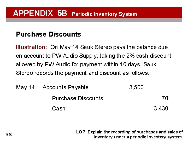 APPENDIX 5 B Periodic Inventory System Purchase Discounts Illustration: On May 14 Sauk Stereo APPENDIX 5 B Periodic Inventory System Purchase Discounts Illustration: On May 14 Sauk Stereo