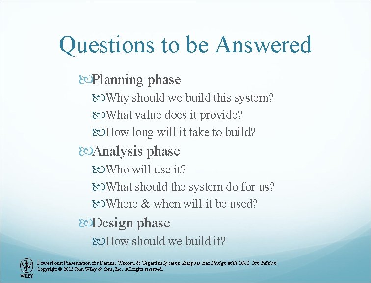 Questions to be Answered Planning phase Why should we build this system? What value