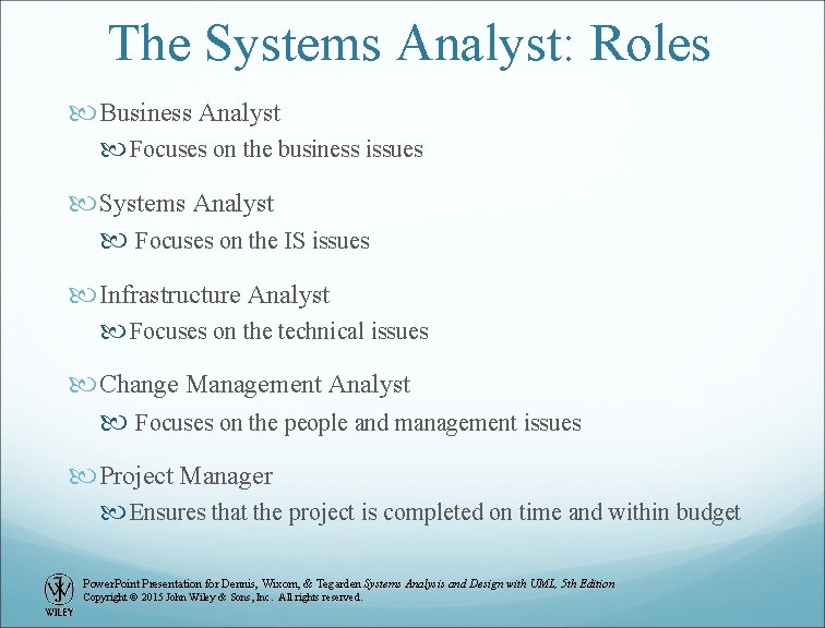 The Systems Analyst: Roles Business Analyst Focuses on the business issues Systems Analyst Focuses