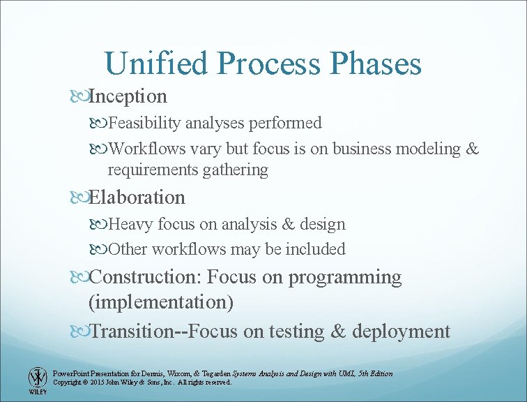 Unified Process Phases Inception Feasibility analyses performed Workflows vary but focus is on business