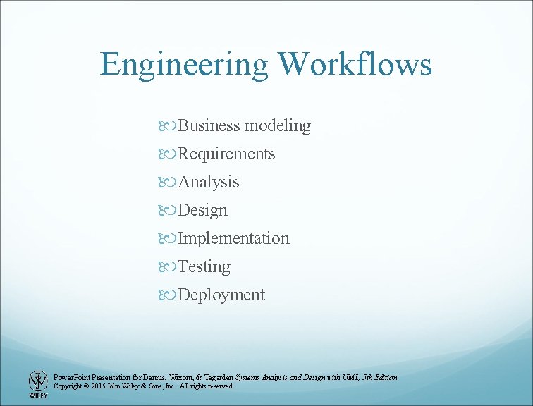 Engineering Workflows Business modeling Requirements Analysis Design Implementation Testing Deployment Power. Point Presentation for