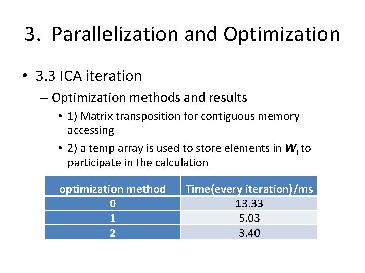 3. Parallelization and Optimization • 3. 3 ICA iteration – Optimization methods and results