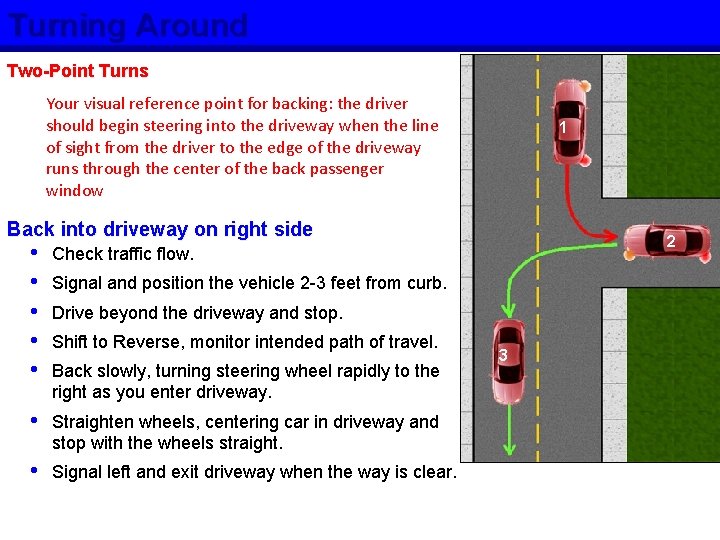 Turning Around Two-Point Turns Your visual reference point for backing: the driver should begin