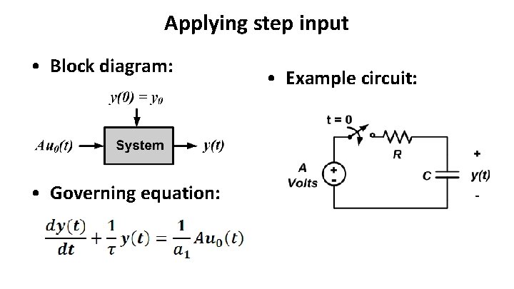 Applying step input • Block diagram: • Governing equation: • Example circuit: 