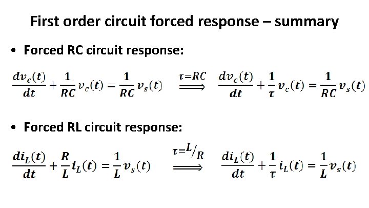 First order circuit forced response – summary • Forced RC circuit response: • Forced