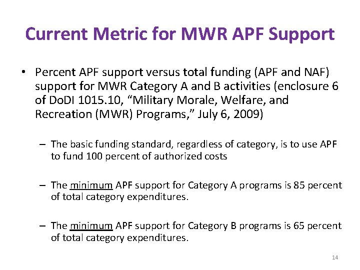 Current Metric for MWR APF Support • Percent APF support versus total funding (APF