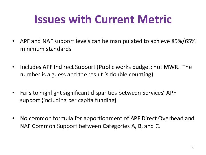 Issues with Current Metric • APF and NAF support levels can be manipulated to