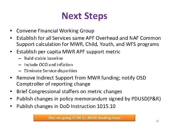 Next Steps • Convene Financial Working Group • Establish for all Services same APF