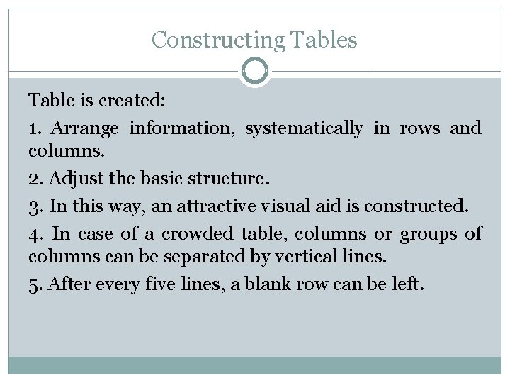 Constructing Tables Table is created: 1. Arrange information, systematically in rows and columns. 2.