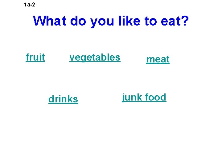 1 a-2 What do you like to eat? fruit vegetables drinks meat junk food 1 a-2 What do you like to eat? fruit vegetables drinks meat junk food
