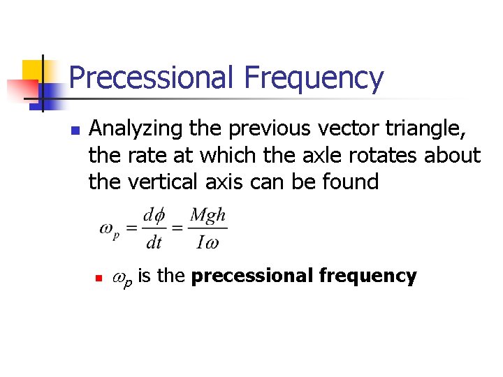 Precessional Frequency n Analyzing the previous vector triangle, the rate at which the axle