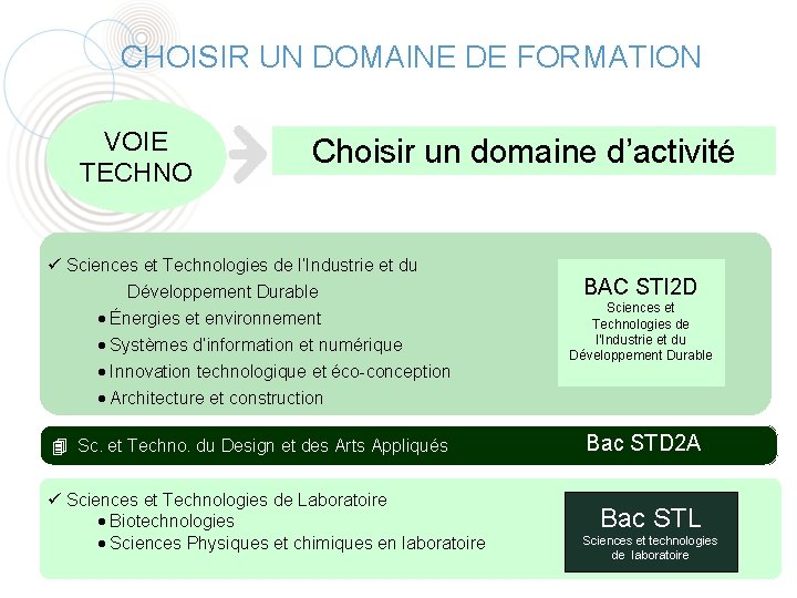 CHOISIR UN DOMAINE DE FORMATION VOIE TECHNO Choisir un domaine d’activité Sciences et Technologies