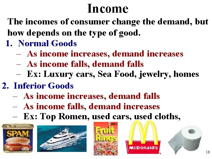 Income The incomes of consumer change the demand, but how depends on the type