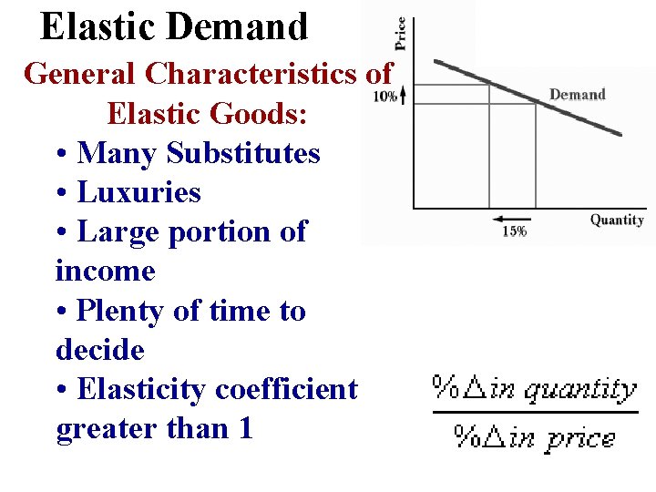 Elastic Demand General Characteristics of Elastic Goods: • Many Substitutes • Luxuries • Large