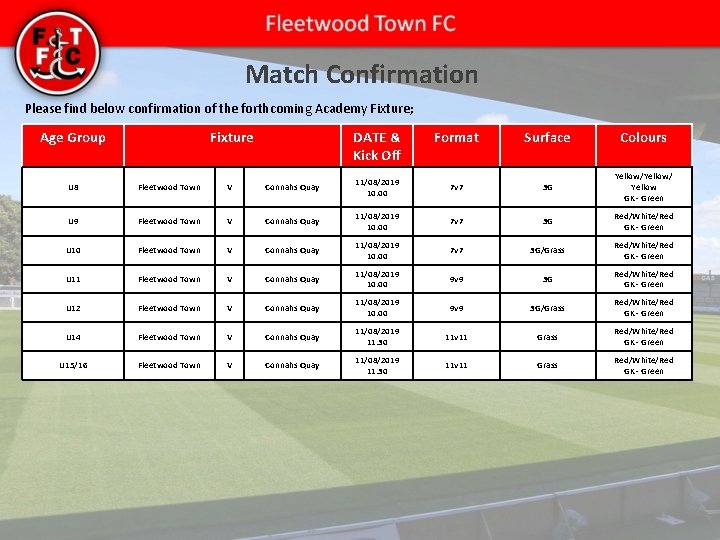 Match Confirmation Please find below confirmation of the forthcoming Academy Fixture; Age Group Fixture