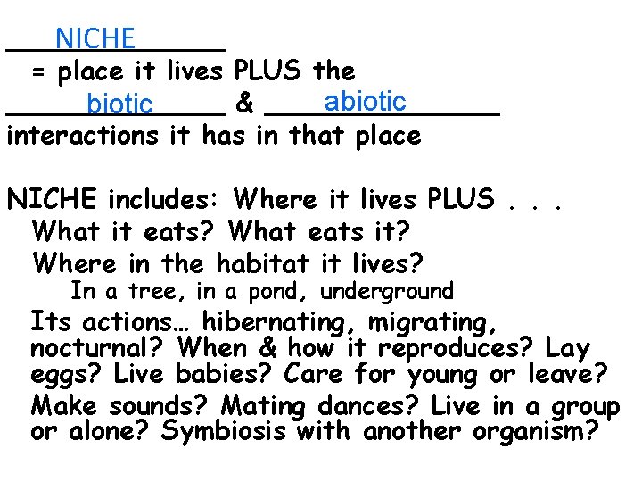 _______ NICHE = place it lives PLUS the abiotic _______ & _______ biotic interactions