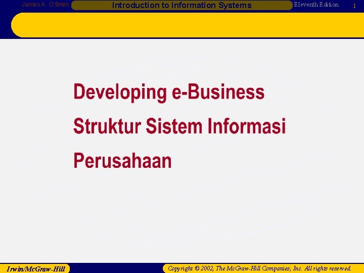 James A. O’Brien Irwin/Mc. Graw-Hill Introduction to Information Systems Eleventh Edition Copyright © 2002,