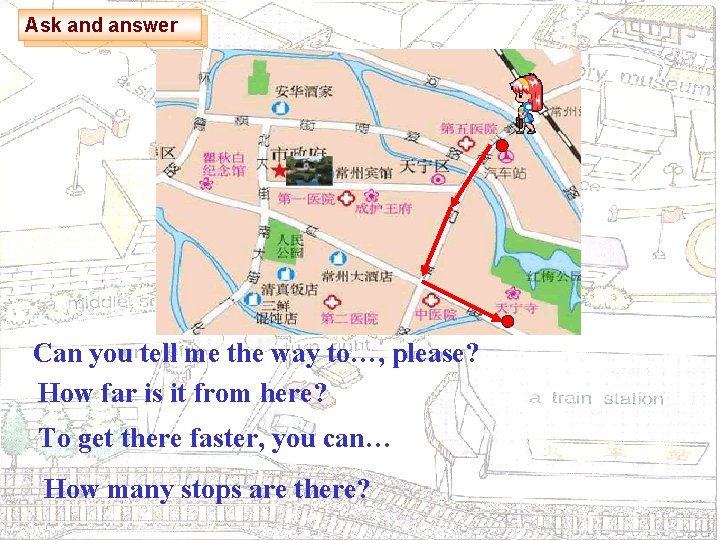 Ask and answer Can you tell me the way to…, please? How far is
