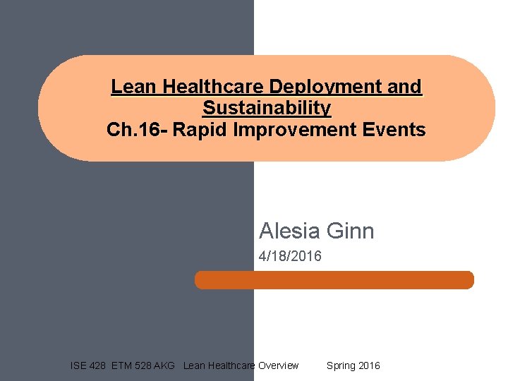 Lean Healthcare Deployment and Sustainability Ch. 16 - Rapid Improvement Events Alesia Ginn 4/18/2016