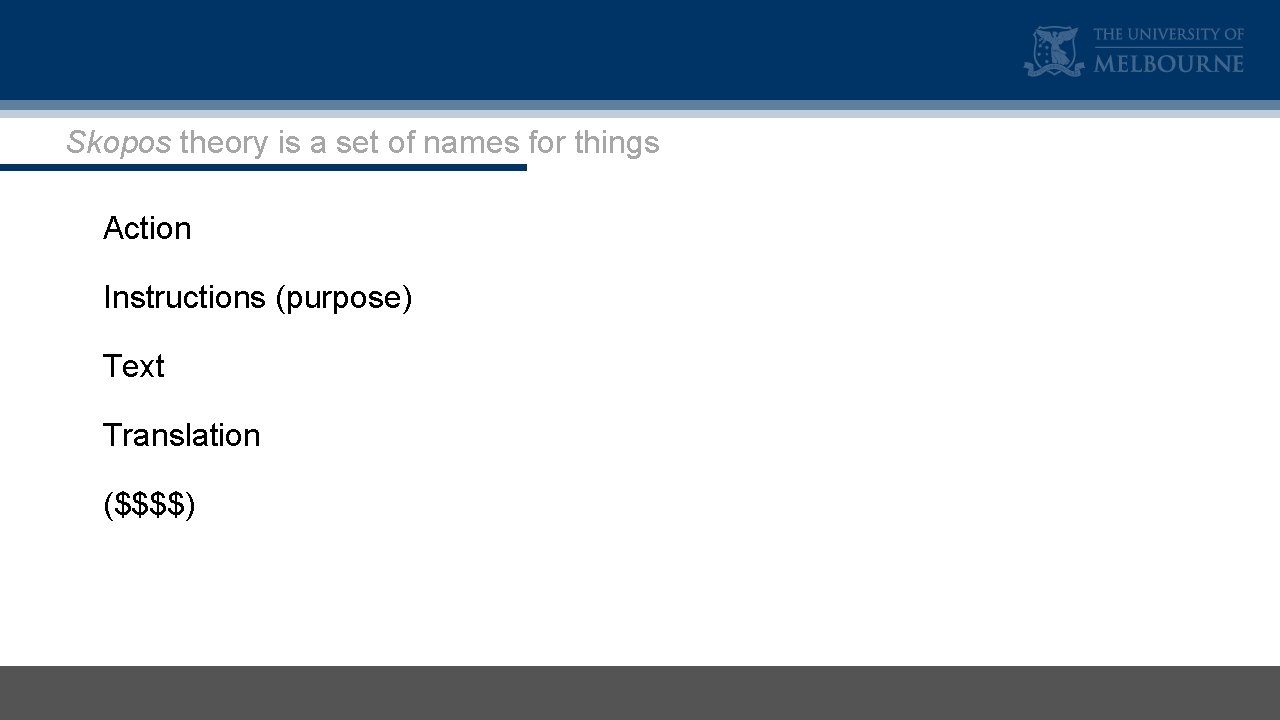 Skopos theory is a set of names for things Action Instructions (purpose) Text Translation