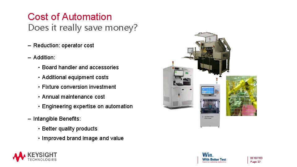 Cost of Automation Does it really save money? – Reduction: operator cost – Addition: