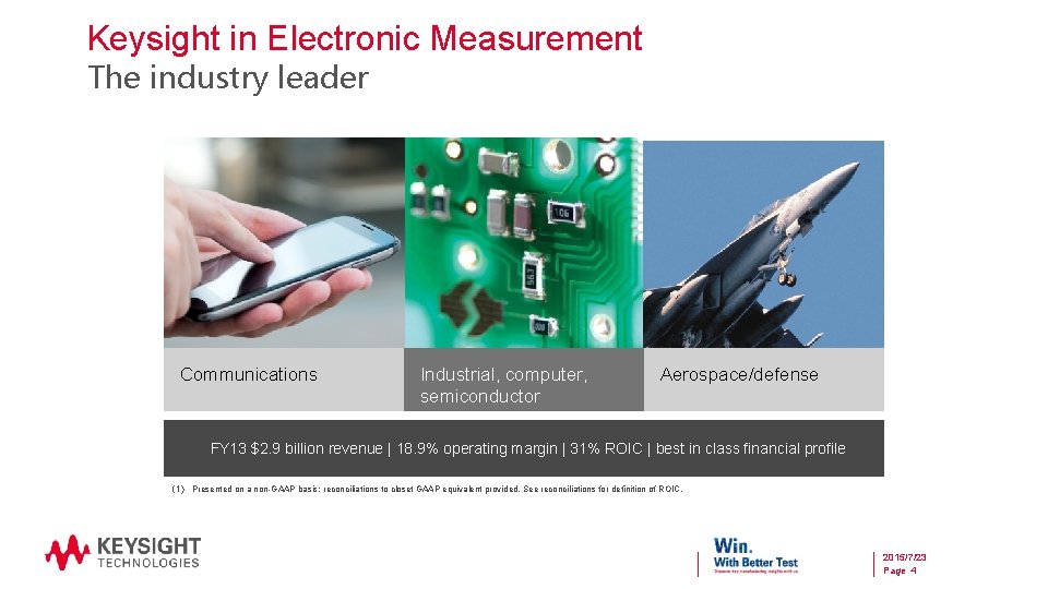 Keysight in Electronic Measurement The industry leader Communications Industrial, computer, semiconductor Aerospace/defense FY 13