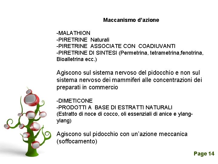 Maccanismo d’azione -MALATHION -PIRETRINE Naturali -PIRETRINE ASSOCIATE CON COADIUVANTI -PIRETRINE DI SINTESI (Permetrina, tetrametrina,