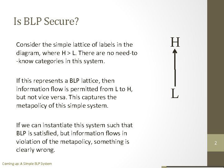 Is BLP Secure? Consider the simple lattice of labels in the diagram, where H