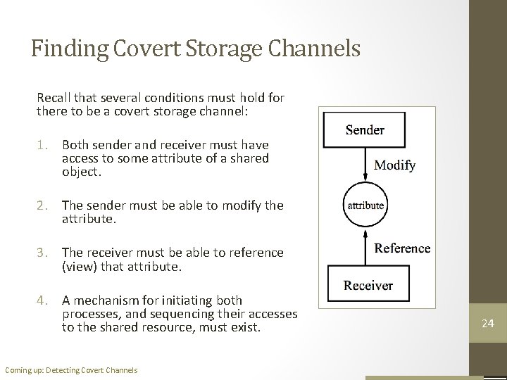 Finding Covert Storage Channels Recall that several conditions must hold for there to be