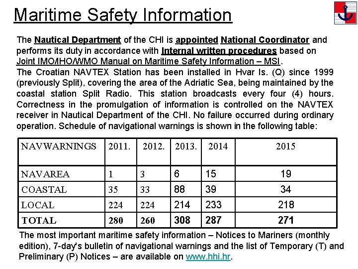 Maritime Safety Information The Nautical Department of the CHI is appointed National Coordinator and