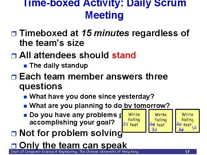 Time-boxed Activity: Daily Scrum Meeting Timeboxed at 15 minutes regardless of the team's size Time-boxed Activity: Daily Scrum Meeting Timeboxed at 15 minutes regardless of the team's size