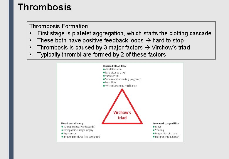 Thrombosis Formation: • First stage is platelet aggregation, which starts the clotting cascade •