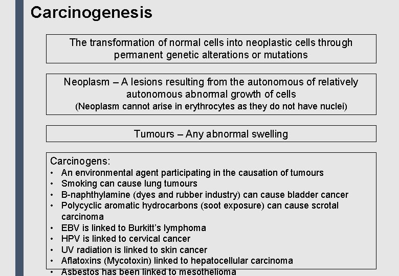 Carcinogenesis The transformation of normal cells into neoplastic cells through permanent genetic alterations or