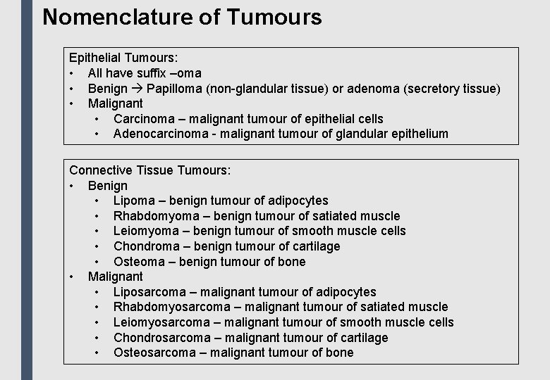 Nomenclature of Tumours Epithelial Tumours: • All have suffix –oma • Benign Papilloma (non-glandular