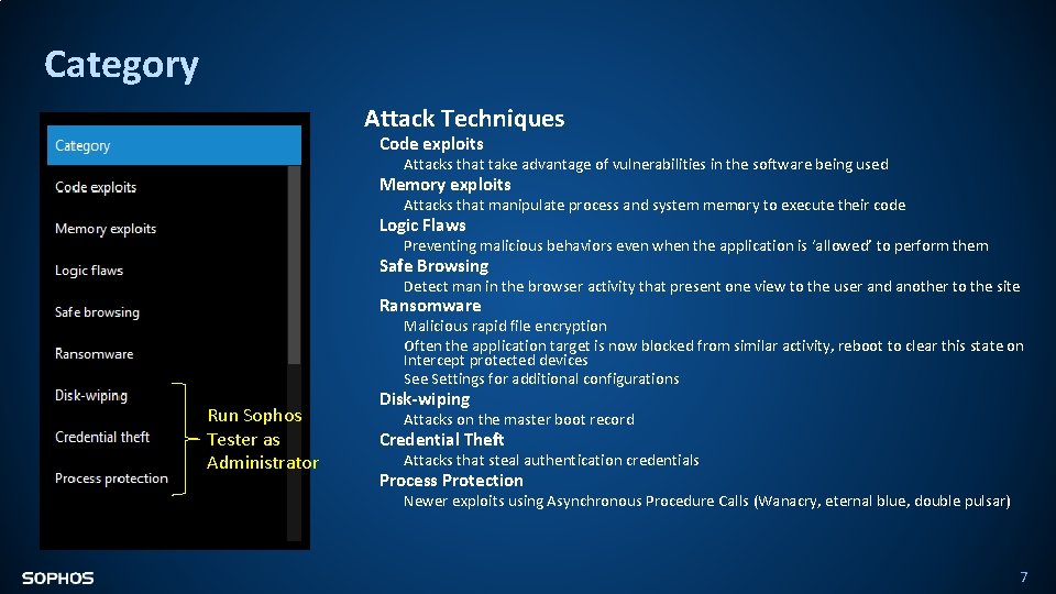 Category Attack Techniques Code exploits Attacks that take advantage of vulnerabilities in the software