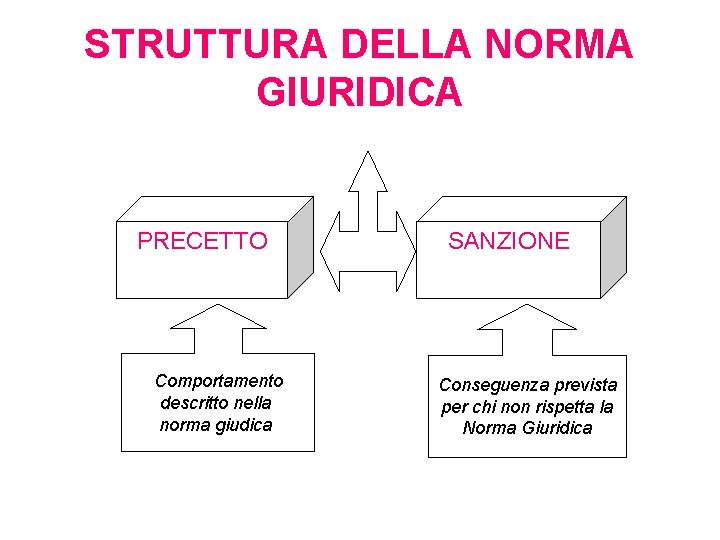 STRUTTURA DELLA NORMA GIURIDICA PRECETTO Comportamento descritto nella norma giudica SANZIONE Conseguenza prevista per
