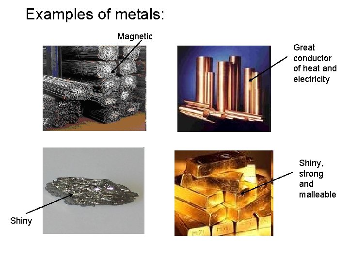 Examples of metals: Magnetic Great conductor of heat and electricity Shiny, strong and malleable