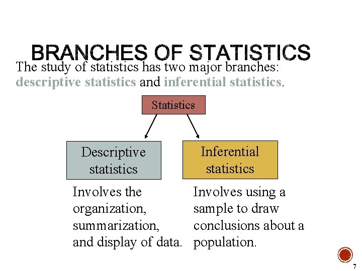 The study of statistics has two major branches: descriptive statistics and inferential statistics. Statistics