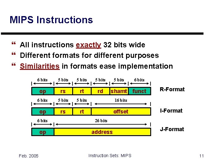 MIPS Instructions } All instructions exactly 32 bits wide } Different formats for different