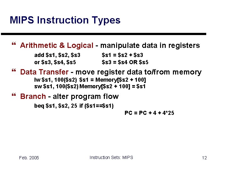 MIPS Instruction Types } Arithmetic & Logical - manipulate data in registers add $s