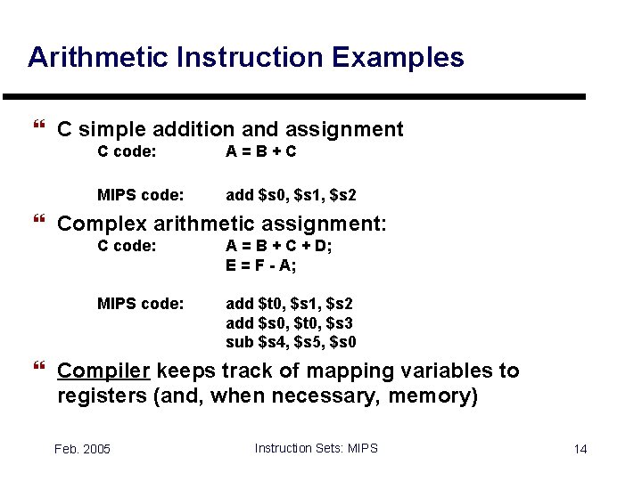 Arithmetic Instruction Examples } C simple addition and assignment C code: A=B+C MIPS code: