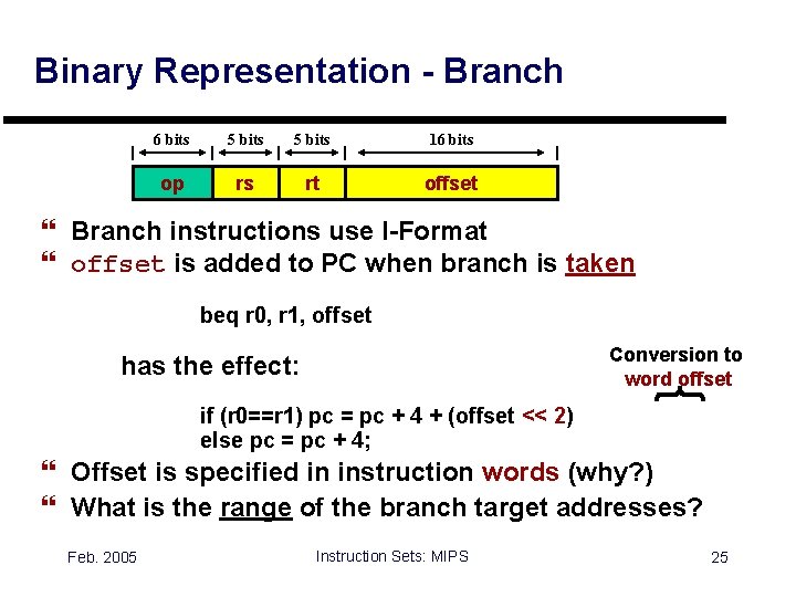 Binary Representation - Branch 6 bits 5 bits 16 bits op rs rt offset