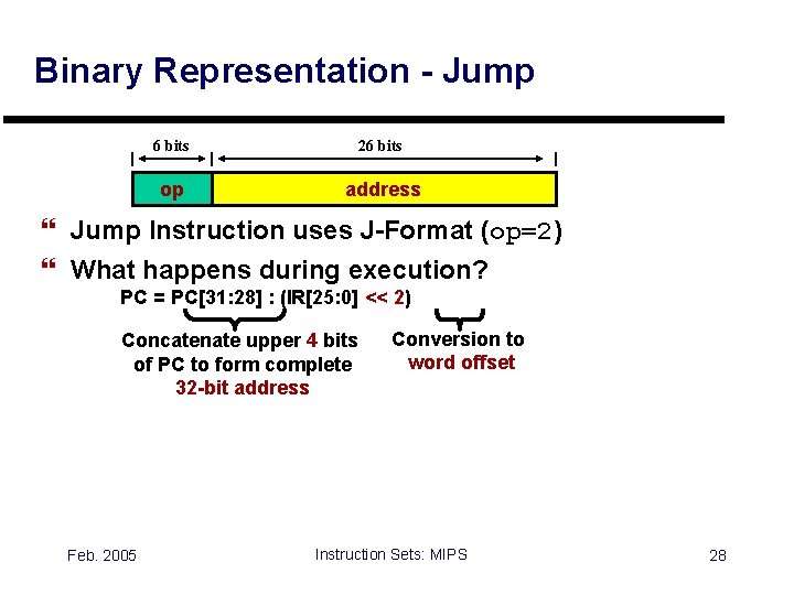 Binary Representation - Jump 6 bits 26 bits op address } Jump Instruction uses