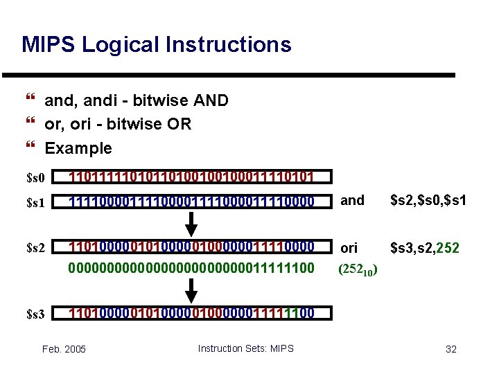 MIPS Logical Instructions } and, andi - bitwise AND } or, ori - bitwise
