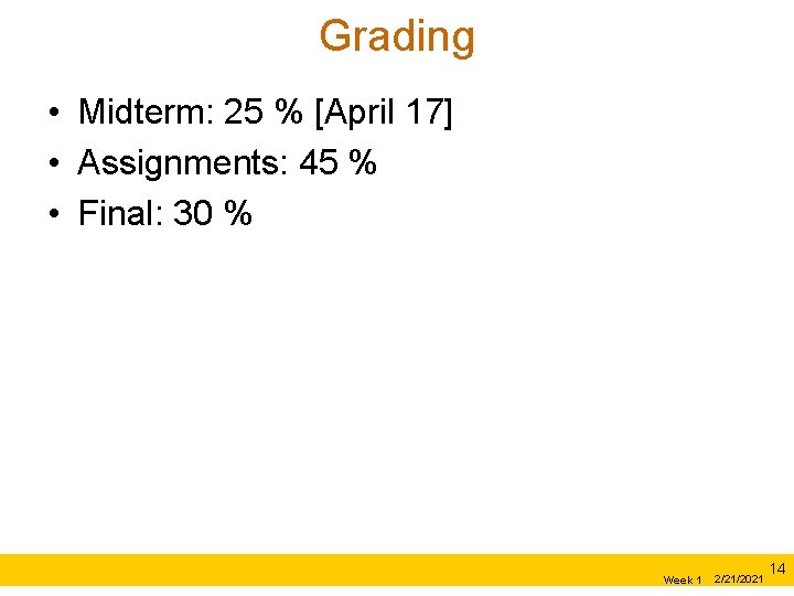 Grading • Midterm: 25 % [April 17] • Assignments: 45 % • Final: 30