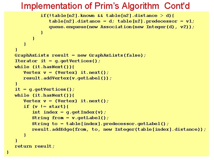 Implementation of Prim’s Algorithm Cont'd if(!table[n 2]. known && table[n 2]. distance > d){
