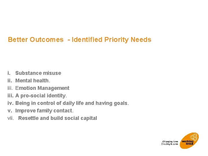 Better Outcomes - Identified Priority Needs i. Substance misuse ii. Mental health. iii. Emotion