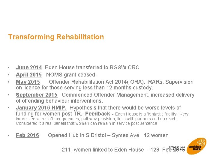 Transforming Rehabilitation • • • June 2014 Eden House transferred to BGSW CRC April