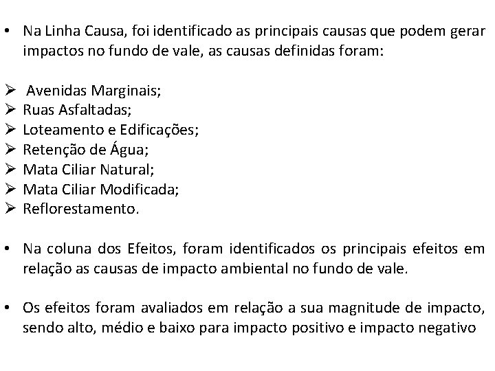  • Na Linha Causa, foi identificado as principais causas que podem gerar impactos